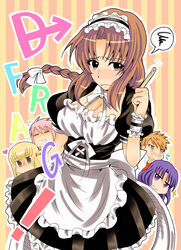  4girls apron blonde_hair blush braid breasts brown_eyes brown_hair choker cleavage closed_eyes d-frag! dress frills heart karasuyama_chitose kazama_kenji long_hair maid maid_apron maid_headdress mizukami_sakura multiple_girls open_mouth pink_hair purple_eyes purple_hair ribbon shibasaki_roka short_hair sparkle takao_(d-frag!) tears twintails 