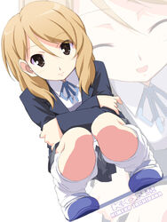  black_eyes blonde_hair commentary_request extra female k-on! long_hair sakuragaoka_high_school_uniform school_uniform solo squatting tachibana_himeko yamano_sachi zoom_layer 