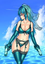  aqua aqua_bra aqua_eyes aqua_gloves aqua_hair aqua_legwear aqua_panties bad_id bad_pixiv_id bra breasts cleavage cloud day dual_wielding elbow_gloves garter_belt gloves gun handgun holding large_breasts lingerie long_hair looking_away navel original panties pistol skindentation sky solo thighhighs underwear underwear_only veil water weapon yin-ting_tian 