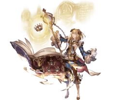  1boy animal_ears blonde_hair blue_eyes book brown_footwear brown_pants ceylan crown dog_ears erune full_body granblue_fantasy hair_between_eyes holding long_sleeves magnifying_glass male_focus minaba_hideo monocle official_art open_book pants shoes solo transparent_background wide_sleeves 