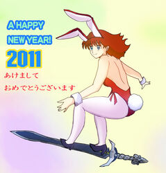  1980s_(style) 2011 animal_ears back backless_leotard biruberu blue_eyes commentary_request daicon daicon_bunny_girl daicon_iv female full_body leotard lowres pantyhose pink_pantyhose playboy_bunny rabbit_ears rabbit_tail red_hair red_leotard retro_artstyle smile solo standing_on_sword surfing sword sword_surfing tail translation_request weapon 