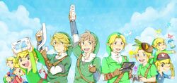  6+boys :d arm_up arms_up black_eyes blonde_hair blue_eyes blue_sky bomb closed_mouth cloud commentary_request controller day deku_mask earrings explosive fairy game_console game_controller gamepad gloves green_headwear green_tunic guppy-kurisutaru handheld_game_console happy hat highres holding holding_controller holding_game_controller holding_handheld_game_console jewelry leaf_(zelda) link link&#039;s_crossbow_training looking_at_viewer male_focus mask mask_on_head multiple_boys multiple_persona navi neri_(zelda) nintendo_3ds nintendo_64_controller one_eye_closed open_mouth outdoors phantom_hourglass_(item) pointy_ears rupee_(zelda) sky smile tael tatl teeth the_king_of_red_lions the_legend_of_zelda the_legend_of_zelda:_four_swords the_legend_of_zelda:_majora&#039;s_mask the_legend_of_zelda:_ocarina_of_time the_legend_of_zelda:_phantom_hourglass the_legend_of_zelda:_skyward_sword the_legend_of_zelda:_spirit_tracks the_legend_of_zelda:_the_wind_waker the_legend_of_zelda:_twilight_princess toon_link tunic upper_teeth_only wii_remote wii_u wii_u_gamepad wii_zapper young_link 