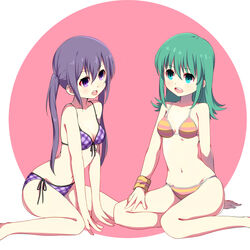  2girls bikini commentary_request crossover gochuumon_wa_usagi_desu_ka? green_eyes green_hair hunter_x_hunter lauqe long_hair multiple_girls photoshop_(medium) plaid plaid_bikini ponzu purple_eyes purple_hair sitting striped_bikini striped_clothes swimsuit tedeza_rize twintails wariza 