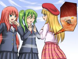  1boy 3girls archived_source bad_id bad_link blonde_hair blue_eyes bow bowtie erika_(shukushou_gakuen) giant giantess green_hair long_hair multiple_girls necktie ookiku_narue outstretched_hand pink_skirt plaid plaid_skirt red_bow red_bowtie red_hair red_headwear red_necktie school_uniform shukushou_gakuen side_ponytail skirt sky squeez_(artist) stomach vice_director_(shukushou_gakuen) vore 