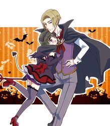  1boy arara_(yuuan9x9) bat_(animal) blonde_hair blush bow cape commentary_request demon_tail demon_wings elbow_gloves female gloves halloween halloween_costume hayasaka_tasuku hayashida_airi high_heels jack-o&#039;-lantern mole mole_under_eye red_footwear short_hair tail thighhighs vampire_costume wake_up_girls! wings 