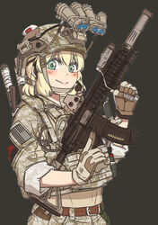  :&gt; american_flag ar-15 assault_rifle belt blonde_hair bulletproof_vest camouflage commentary_request desert_camouflage digital_camouflage emblem eotech female gloves green_eyes gun h&amp;k_hk416 heckler_&amp;_koch helmet laser_sight magazine_(weapon) magpul military_operator night_vision_device operator-chan original rifle shino_(r_shughart) sleeves_rolled_up solo suppressor trigger_discipline vertical_foregrip weapon 