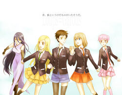  5girls bad_id bad_pixiv_id china_dress chinese_clothes dress elbow_pads fujinari_takumi gloves holding_hands knee_pads kouno_ayumi loups=garous makino_hazuki multiple_girls necktie pantyhose rei_myao school_uniform thighhighs tsuzuki_mio yabe_yuuko 