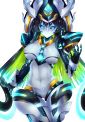  android arm_at_side between_breasts black_hair black_sclera blue_eyes blue_hair breasts cameltoe code_maya colored_sclera commentary_request cowboy_shot detached_collar detached_sleeves elsword female fi-san gloves glowing glowing_eyes gradient_eyes green_hair hat highres long_hair looking_at_viewer mecha_musume multicolored_eyes multicolored_hair necktie no_mouth robot short_necktie solo spread_fingers thigh_gap transparent_background 