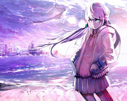  aguhari backlighting breath building city cityscape cloud cloudy_sky coat commentary_request earmuffs expressionless female ferris_wheel green_eyes hands_in_pockets headphones horizon long_hair long_sleeves looking_at_viewer monochrome ocean open_clothes open_coat original outdoors pantyhose pleated_skirt purple_sky purple_theme shore skirt sky skyscraper solo sweater turtleneck very_long_hair water waves winter_clothes 