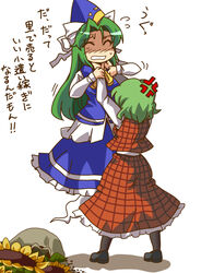  2girls anger_vein angry asphyxiation commentary_request flower ghost_tail green_hair hat kanosawa kazami_yuuka long_hair mima_(touhou) multiple_girls neck_lift pantyhose plaid plaid_skirt plaid_vest short_hair simple_background skirt skirt_set strangling sunflower touhou touhou_(pc-98) translated vest wizard_hat 