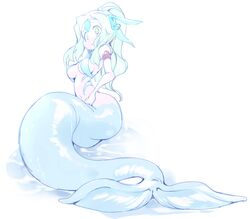  blue_hair female female full_body ls-lrtha mermaid monster_girl ponytail simple_background solo wet white_background 