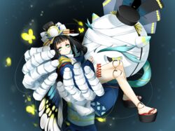  bandaged_hand bandaged_head bandages black_hat blonde_hair blue_background blunt_bangs bug butterfly butterfly_wings commentary_request doll_joints eyeshadow female glowing green_eyes hands_on_another&#039;s_face hat highres hikimayu holding horns insect_wings joints kairaishi_(onmyoji) looking_at_viewer makeup obi onmyoji outstretched_arms platform_footwear sandals sash sitting sleeves_past_wrists sparkle wings yuki_jirou 