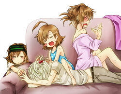  1boy 3girls accelerator accelerator_family ahoge artist_request blush brown_hair closed_eyes last_order misaka_imouto misaka_worst multiple_girls sleeping to_aru_majutsu_no_index white_hair 