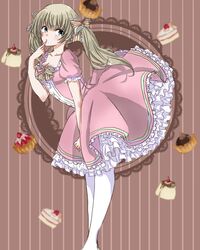  blue_eyes breasts cake cake_slice cherry cleavage collarbone commentary_request dessert dress feet_out_of_frame female finger_to_mouth food frilled_dress frills fruit lolita_fashion looking_at_viewer medium_breasts original pantyhose petticoat pink_dress solo standing strawberry_shortcake striped striped_background sweet_lolita tomoshibi_(rokugatsu) twintails vertical_stripes white_pantyhose wind wind_lift 