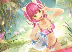  :d arm_up bad_id bad_pixiv_id ball beach beachball bikini breasts cleavage female green_eyes hair_ribbon leaning_forward lens_flare light_rays long_hair medium_breasts midriff navel open_mouth outdoors pink_hair plant ribbon smile solo sunbeam sunlight swimsuit tanaka_(colorcorn) twintails umi_monogatari urin_(umi_monogatari) yellow_eyes 