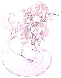  full_body head_fins ls-lrtha mermaid monster_girl pink_eyes pink_hair simple_background smile white_background 