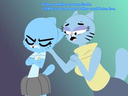  2016 4:3 anthro blue_body blue_fur bottomwear cartoon_network clothing digital_media_(artwork) domestic_cat duo felid feline felis female flutteringpie fur mammal mary_senicourt mature_anthro mature_female mother_(lore) nicole_watterson parent_(lore) shirt simple_background skirt sweater text the_amazing_world_of_gumball topwear turtleneck whiskers 