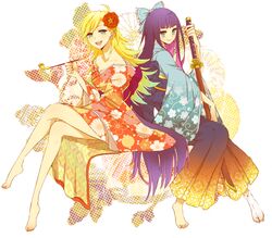  2girls bad_feet barefoot commentary_request hair_ornament highres japanese_clothes kanzashi karakusa_(pattern) katana kikkoumon kikumon kimono kiseru multiple_girls obi obiage obijime panty_&amp;_stocking_with_garterbelt panty_(psg) sash shivue siblings single_sock sisters smile smoking_pipe socks stocking_(psg) sword tabi weapon 