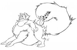  canid canine female fur hair hybrid mammal monochrome nude obese obese_female obese_taur overweight overweight_female overweight_taur ruthredmane solo standing tail tail_mouth tailmouth_(species) taur tongue tongue_out unusual_anatomy unusual_tail 