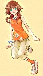  :d aqua_eyes bad_id bad_pixiv_id bare_arms bare_shoulders bracelet brown_hair capri_pants female full_body jewelry kingdom_hearts kingdom_hearts_ii long_hair m3_(mmm003) necklace olette open_mouth orange_shirt orange_socks pants pocket shirt shoes smile socks solo tank_top white_footwear white_pants 