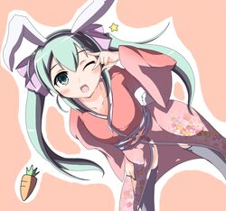  animal_ears aqua_eyes aqua_hair blush carrot commentary_request female guunome hatsune_miku japanese_clothes long_hair one_eye_closed open_mouth rabbit_ears rabbit_tail simple_background solo star_(symbol) tail thighhighs twintails vocaloid 