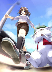  blue_eyes blue_sky brown_hair day feline female foreshortening from_below hat kazami_haruki navel original photoshop_(medium) shoes short_hair sky solo walking 