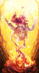  barefoot coma2 commentary_request female flower long_hair multiple_wings original red_hair solo wings 