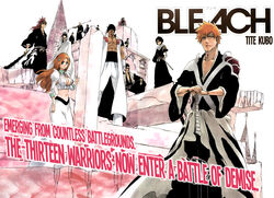  3girls 6+boys abarai_renji abs ayasegawa_yumichika badge bald black_hair bleach bleach:_the_thousand-year_blood_war breasts bridal_gauntlets brown_eyes cleavage copyright_name dark_skin everyone fingernails fingers fukutaichou_badge gloves hair_ornament hair_over_eyes hands haori hard_translated hat highres hisagi_shuuhei iba_tetsuzaemon inoue_orihime japanese_clothes katana kubo_taito kuchiki_byakuya kuchiki_rukia kurosaki_ichigo kyoraku_shunsui kyouraku_shunsui long_hair looking_at_viewer madarame_ikkaku multiple_boys multiple_girls muscle navel official_art orange_eyes orange_hair red_hair sado_yasutora scar scarf serious shikai shinigami short_hair shounen_jump shueisha sitting spiked_hair sui-feng sunglasses sword taichou_haori tattoo weapon zaraki_kenpachi 