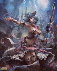  armor armpits bikini_armor blue_hair bracer chinese_commentary commentary_request crown fantasy female frilled_skirt frills greaves left-handed looking_to_the_side midriff navel official_art original ornate_armor outstretched_arm parted_lips pauldrons photoshop_(medium) red_eyes ribbon shinma_x_keishou!_ragnabreak short_hair shoulder_armor single_pauldron skirt solo sword thigh_gap watermark weapon web_address yu_cheng_hong 