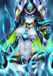  android arm_at_side between_breasts black_hair black_sclera blue_background blue_eyes blue_hair breasts cameltoe code_maya colored_sclera commentary_request cowboy_shot detached_collar detached_sleeves electricity elsword female fi-san gloves glowing glowing_eyes gradient_eyes green_hair hat highres long_hair looking_at_viewer mecha_musume multicolored_eyes multicolored_hair necktie no_mouth robot short_necktie simple_background solo spread_fingers thigh_gap white_background 