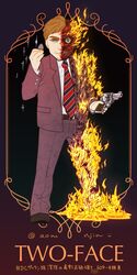  1boy aoninjin bad_id bad_pixiv_id batman_(series) blue_eyes brown_hair burn_scar burning burnt_clothes character_name coin commentary_request copyright_name dc_comics fire formal gun handgun harvey_dent male_focus necktie revolver scar solo sparkle suit twitter_username two-face weapon 