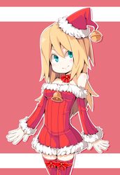  bell blonde_hair blue_eyes christmas female female hat ls-lrtha santa_hat smile solo thighhighs zettai_ryouiki 