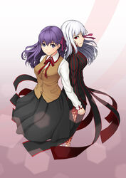  2girls back-to-back blush breasts commentary_request dark_persona dark_sakura dress dual_persona fate/stay_night fate_(series) hair_ribbon highres holding_hands homurahara_academy_school_uniform interlocked_fingers long_hair long_sleeves looking_at_viewer matou_sakura medium_breasts multiple_girls photoshop_(medium) purple_eyes purple_hair red_eyes ribbon school_uniform skirt smile vest white_hair yumemizuki 