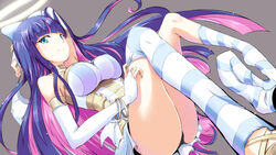  blue_eyes blue_hair blunt_bangs bow bracelet breasts bridal_gauntlets choker colored_inner_hair commentary_request covered_nipples female hairbow halo holding holding_clothes holding_panties holding_underwear jewelry large_breasts long_hair multicolored_hair panties panty_&amp;_stocking_with_garterbelt photoshop_(medium) pink_hair resized revision skin_tight smile sock_dangle sock_pull solo stocking_(psg) striped_clothes striped_thighhighs thighhigh_dangle thighhighs thighs two-tone_hair underwear yuki_mizore 