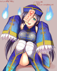  aqua_eyes bandages black_hair bongun bongun_(cosplay) breasts chinese_clothes commentary_request cosplay dated female hat highres hitodama jiangshi large_breasts long_hair love_live! love_live!_school_idol_project ofuda parody photoshop_(medium) qingdai_guanmao ragnarok_online scar sitting sleeves_past_wrists solo tojo_nozomi tongue tongue_out translation_request twintails yu-ta 