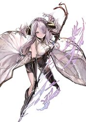  bare_shoulders blue_eyes boots commentary_request draph female fingerless_gloves gloves granblue_fantasy hair_over_one_eye horns katana light_purple_hair narmaya_(granblue_fantasy) samuraig single_thighhigh solo sword thighhighs weapon 