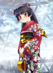  bag black_hair blush commentary_request female gokou_ruri highres japanese_clothes kimono long_hair maruyama_musashi mole mole_under_eye ore_no_imouto_ga_konna_ni_kawaii_wake_ga_nai photoshop_(medium) red_eyes red_kimono solo 