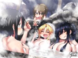  4girls :d ^_^ alpha_signature back blonde_hair blush bottle breasts brown_eyes brown_hair cleavage closed_eyes commentary_request highres himekawa_hinari hizato_akari inuyama_kuroe large_breasts long_hair multiple_girls nude oerba_yun_fang onsen open_mouth original same-sex_bathing shared_bathing short_hair signature smile towel towel_on_head yamada_yoshino yoshida_hideyuki 