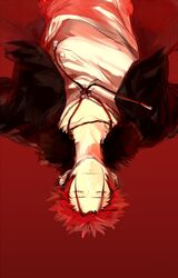  1boy bad_id bad_pixiv_id closed_eyes jacket k-project kudou_akira male_focus red_background red_hair solo suoh_mikoto upside-down 