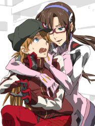  2girls baariya bad_drawr_id bad_id badge blue_eyes bodysuit brown_hair button_badge evangelion:_3.0_you_can_(not)_redo eyepatch glasses hairband hat hug hug_from_behind jacket long_hair makinami_mari_illustrious multiple_girls neon_genesis_evangelion oekaki open_mouth orange_hair pink_bodysuit plugsuit rebuild_of_evangelion red-framed_eyewear smile souryuu_asuka_langley sweat sweatdrop track_jacket twintails wavy_mouth yuri 