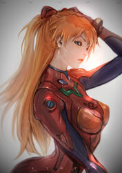  arm_on_own_head arm_up artist_name blue_eyes bodysuit character_name commentary_request cowboy_shot expressionless female from_side grey_background hair_ornament highres lips long_hair neon_genesis_evangelion orange_hair plugsuit simple_background skin_tight solo souryuu_asuka_langley standing stato_(statoon) very_long_hair 