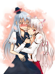  2girls blush commentary fujiwara_no_mokou hands hat hug hug_from_behind kamishirasawa_keine monster28 multiple_girls one_eye_closed photoshop_(medium) touhou yuri 