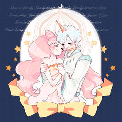  1boy bare_shoulders birdcage bishoujo_senshi_sailor_moon bishoujo_senshi_sailor_moon_supers bishounen blue_background blush cage chibi_usa closed_eyes commentary_request cone_hair_bun couple dress english_text female hair_bun hand_on_another&#039;s_shoulder happy helios_(sailor_moon) holding_hands horns long_hair pink_hair ribbon rinako_(rococo) single_hair_bun single_horn small_lady_serenity smile star_(symbol) straight strapless strapless_dress teenage very_long_hair white_dress white_hair wide_sleeves 