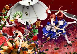  2girls ascot battle bobby_socks brown_background coin commentary_request danmaku duel flower green_hair hair_bobbles hair_ornament highres holed_coin kazami_yuuka medium_hair multiple_girls on_flower onozuka_komachi orange_flower oversized_flower parasol petals phantasmagoria_of_flower_view plaid plaid_skirt plaid_vest purple_flower red_eyes red_flower red_hair scythe sentaku_(flashmechanism) short_hair skirt skirt_set snowbell_(flower) socks spider_lily sunflower touhou two_side_up umbrella vest 