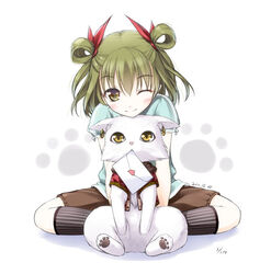  brown_eyes feline female green_hair indian_style kazami_haruki letter light_smile love_letter mouth_hold one_eye_closed original paw_print photoshop_(medium) short_hair sitting smile solo twintails 