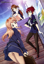  3girls absurdres blue_eyes boots brown_eyes brown_hair folded_ponytail gloves hand_on_own_hip highres hugging_own_legs iida_nana koumi_haruka legs long_hair marufuji_hirotaka megami_magazine multiple_girls necktie non-web_source official_art open_mouth panties panties_under_pantyhose pantyhose pantyshot rail_wars! sakurai_aoi scan see-through see-through_legwear short_hair smile underwear uniform 