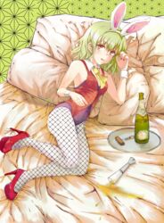  alcohol animal_ears ascot bed bottle champagne champagne_flute commentary_request corkscrew cup drinking_glass female fishnet_pantyhose fishnets green_hair high_heels highres kazami_yuuka kenshin_(kenshin3) lying on_side pantyhose plaid plaid_vest playboy_bunny rabbit_ears rabbit_tail red_eyes shoes short_hair solo spill tail touhou unmoving_pattern vest wine 