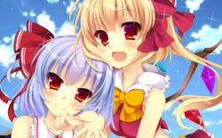  2girls :d adapted_costume blonde_hair blue_hair blush bow commentary_request crystal flandre_scarlet hairbow multiple_girls oerba_yun_fang open_mouth red_eyes remilia_scarlet short_hair siblings side_ponytail sisters smile swimsuit touhou wings yumemiya_subaru 