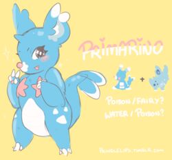  2016 asterozoan blush brionne echinoderm english_text eyelashes fakemon female feral generation_1_pokemon generation_7_pokemon gesture hand_gesture hybrid marine nidorina nintendo open_mouth pink_nose pokemon pokemon_(species) primarino_(fakemon) pringlelips simple_background smile solo starfish starfish_(accessory) starfish_bra text v_sign 