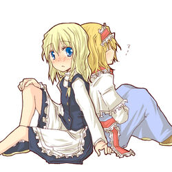  2girls alice_margatroid apron back-to-back blonde_hair blue_eyes blush bow braid capelet commentary_request dress hairband hairbow kirisame_marisa multiple_girls natsuk short_hair single_braid sitting sleeping touhou 